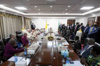 AFRICA - JOURNAY OF FRANCIS - 2023/2/3 Africa, South Sudan, 2023/2/3 . Pope Francis during Courtesy Visit to President of the Republic in Juba, South Sudan Photograph by Vatican Mediia / Catholic Press Photo RESTRICTED TO EDITORIAL USE - NO MARKETING - NO ADVERTISING CAMPAIGNS.