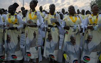 Members of a choir sing ahead of the holy mass with Pope Francis at the John Garang Mausoleum in Juba, South Sudan, on February 5, 2023. - Pope Francis wraps up his pilgrimage to South Sudan with an open-air mass on February 5, 2023 after urging its leaders to focus on bringing peace to the fragile country torn apart by violence and poverty.
The three-day trip is the first papal visit to the largely Christian country since it achieved independence from Sudan in 2011 and plunged into a civil war that killed nearly 400,000 people. (Photo by SIMON MAINA / AFP) (Photo by SIMON MAINA/AFP via Getty Images)