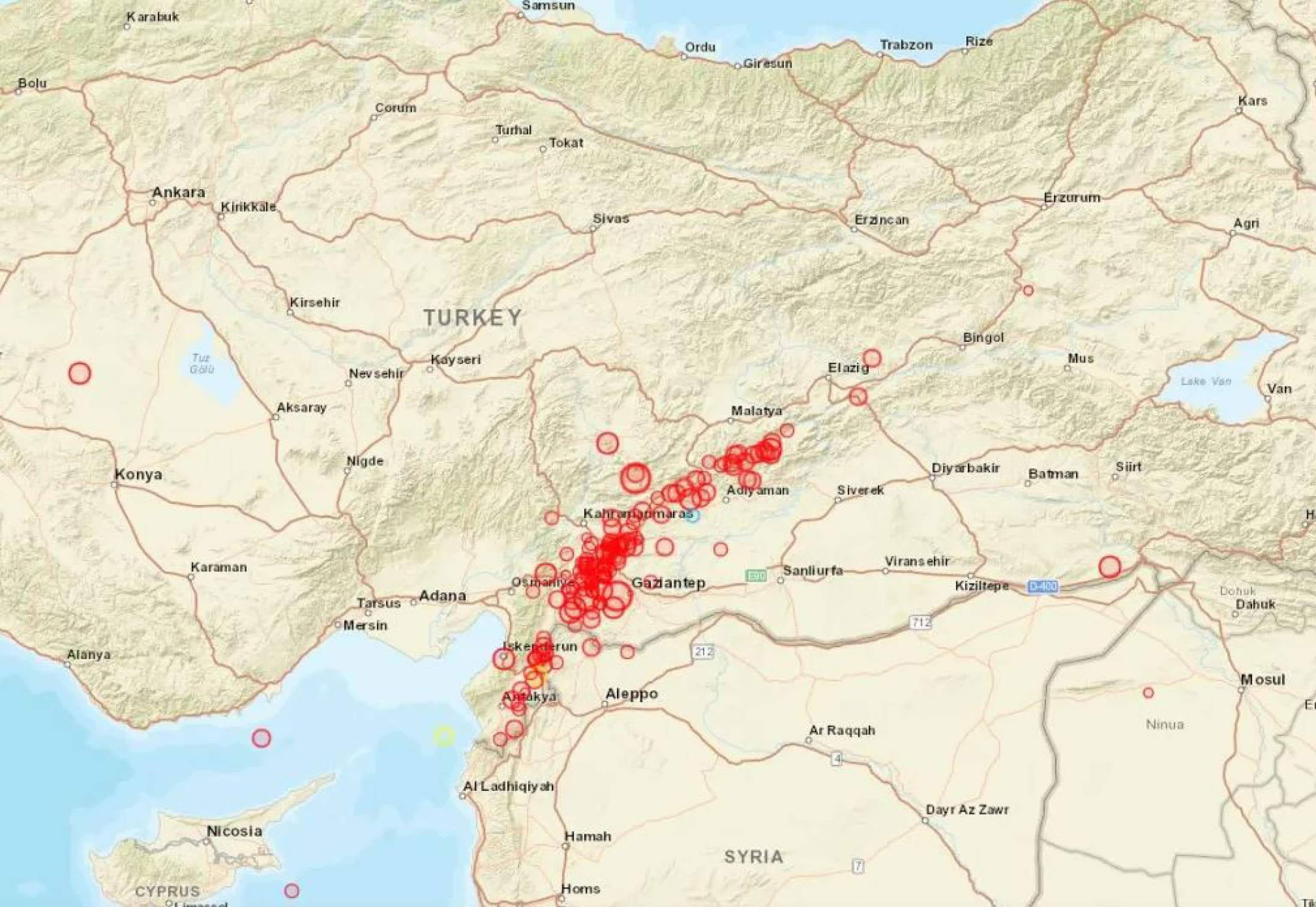 La cartina dell'Ingv mostra gli eventi sismici in Turchia del 6 febbraio 2023.
TWITTER/ INGVterremoti
+++ ATTENZIONE LA FOTO NON PUO' ESSERE PUBBLICATA O RIPRODOTTA SENZA L'AUTORIZZAZIONE DELLA FONTE DI ORIGINE CUI SI RINVIA +++ NPK +++