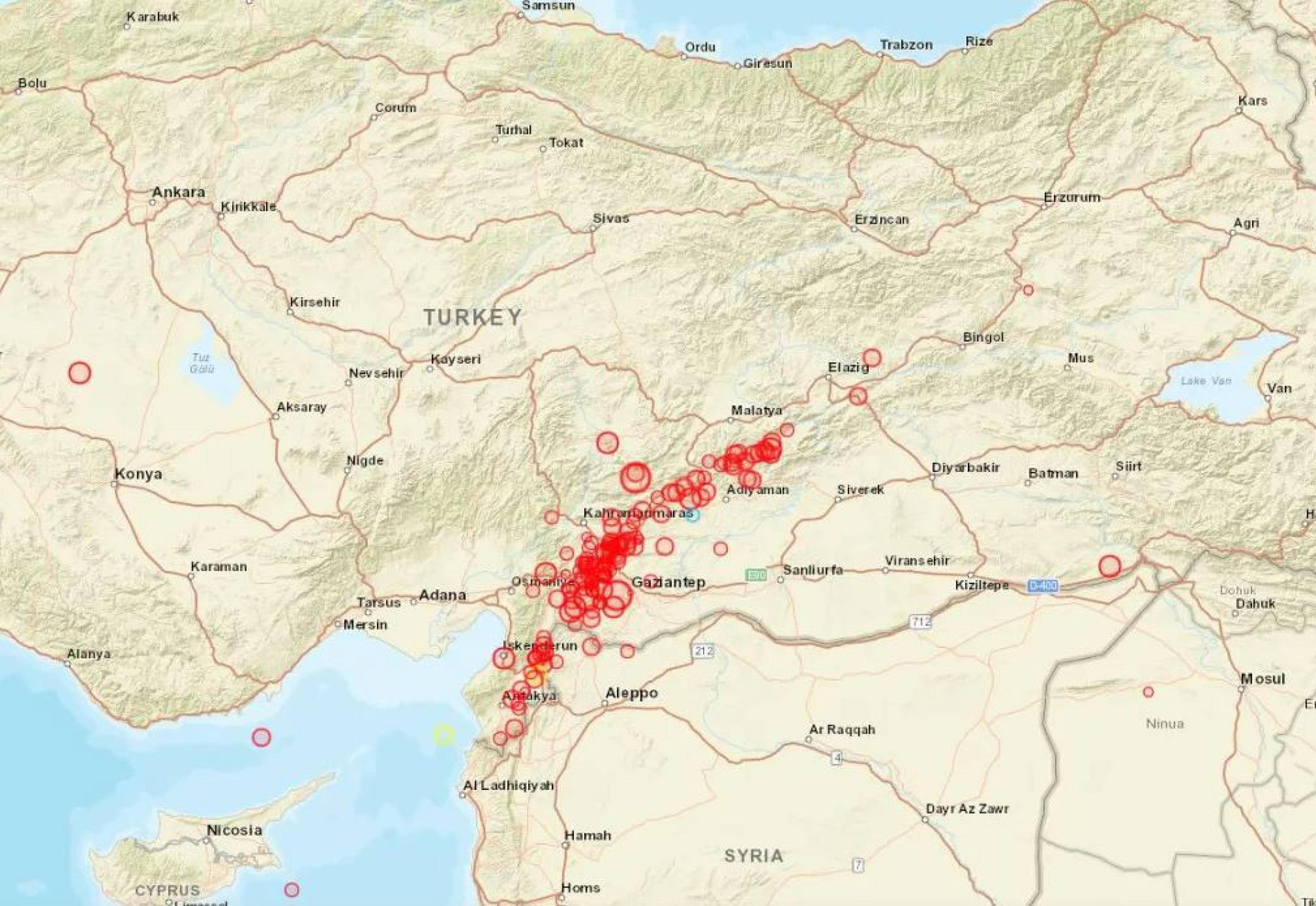 La cartina dell'Ingv mostra gli eventi sismici in Turchia del 6 febbraio 2023.
TWITTER/ INGVterremoti
+++ ATTENZIONE LA FOTO NON PUO' ESSERE PUBBLICATA O RIPRODOTTA SENZA L'AUTORIZZAZIONE DELLA FONTE DI ORIGINE CUI SI RINVIA +++ NPK +++