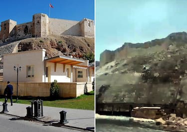 La combo ritrae (a sinistra) il castello di Gaziantep prima del terremoto, e (a destra) l'edificio ridotto ad un cumulo di macerie dopo il sisma che ha colpito il sud est della Turchia e il nord della Siria. 
WIKIPEDIA/ FRAME VIDEO
+++ ATTENZIONE LA FOTO NON PUO' ESSERE PUBBLICATA O RIPRODOTTA SENZA L'AUTORIZZAZIONE DELLA FONTE DI ORIGINE CUI SI RINVIA +++ NPK +++