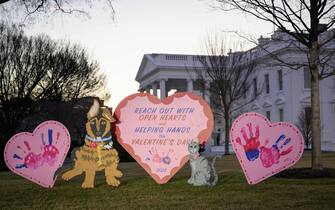 Valentine's Day decorations on the North Lawn of the White House in Washington, DC, on February 14, 2023. (Photo by MANDEL NGAN / AFP) (Photo by MANDEL NGAN/AFP via Getty Images)