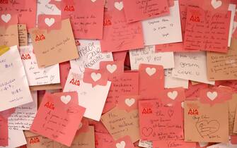 PARIS, FRANCE - FEBRUARY 13: Love messages written in several languages by customers of the Printemps Haussmann department store are displayed inside the store on the eve of Valentine's Day on February 13, 2023 in Paris, France. Valentine's Day is known as the feast of lovers and the celebration of love and romance in many parts of the world and takes place on February 14 each year. (Photo by Chesnot/Getty Images)