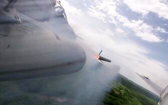 UKRAINE - JUNE 14, 2022: Sukhoi Su-25 jet aircraft of the Russian Aerospace Forces take part in Russia's special military operation in Ukraine.  The Russian Air Force launched airstrikes on military facilities and equipment of the Armed Forces of Ukraine.  Video grab.  Best quality available.  Russian Defense Ministry Press Service/TASS/Sipa USA