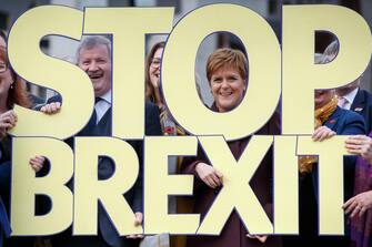 (FILE) BREXIT PHOTO SET epa08178463 (FILE) - Scottish First Minister and SNP leader Nicola Sturgeon (C) launches SNP election campaign with Westminster candidates in Edinburgh, Scotland, Britain, 08 November 2019. (reissued 30 January 2020) After a process that lasted over 3 years, Britain's withdrawal from the EU is set for midnight CET on 31 January 2020. EPA/ROBERT PERRY ATTENTION: This Image is part of a PHOTO SET *** Local Caption *** 55610848