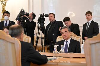 epa10483125 China's Director of the Office of the Central Foreign Affairs Commission Wang Yi (C) attends a meeting with thr Russian foreign minister (not pictured) in Moscow, Russia, 22 February 2023. Wang Yi arrived in Moscow on 21 February, and engaged in negotiations with the Secretary of the Security Council of the Russian Federation Nikolai Patrushev. At this meeting, Wang Yi stressed that Chinese-Russian relations are 'strong as a rock' and 'will stand the test in the changing international situation.' According to Wang Yi, Beijing is ready, together with Moscow, to resolutely defend national interests and promote mutually beneficial cooperation in all areas.  EPA/ALEXANDER NEMENOV / POOL