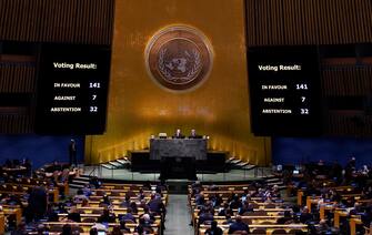 UN-DIPLOMACY-UKRAINE-RUSSIA-CONFLICT-RESOLUTION-VOTE Screens display the vote count during the Eleventh Emergency Special Session of the General Assembly on Ukraine, at UN headquarters in New York City on February 23, 2023. - The United Nations voted overwhelmingly Thursday to demand Russia "immediately" and "unconditionally" withdraw its troops from Ukraine, marking the one-year anniversary of the war with a call for a "just and lasting" peace. (Photo by TIMOTHY A. CLARY / AFP)