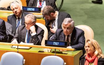 Italian delegation and Foreign Minister Antonio Tajani (R) attend General Assembly Emergency session on Russian aggression against Ukraine vote at UN Headquarters in New York on February 23, 2023. Members of UN voted to approve resolution of withdrawal of Russian troops from Ukraine and a halt to fighting. Vote was 141 for, 7 against and 32 abstained, 13 countries did not vote. (Photo by Lev Radin/Sipa USA)