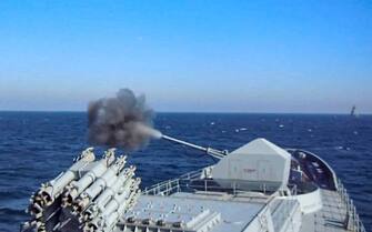 RUSSIA MILITARY TRAINING epa09758195 A handout still image taken from handout video made available by the Russian Defence Ministry press service shows ships of the Black Sea Fleet conducted an artillery battle and destroyed a mock enemy submarine in Black Sea near Sevastopol, Russia, 15 February 2022. In December 2021, the Russian Foreign Ministry published draft agreements between the Russian Federation and NATO and the United States on security guarantees. The document says that the United States should not create military bases in the territories of the former Soviet Union countries that are not members of NATO. The Russian Foreign Ministry 26 January received a response from the United States and NATO on security guarantees. EPA/RUSSIAN DEFENCE MINISTRY PRESS SERVICE HANDOUT HANDOUT EDITORIAL USE ONLY/NO SALES