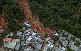 Damage from a landslide following heavy rain and flooding in Barra do Sahy, Sao Paulo state, Brazil, on Friday, Feb. 24, 2023. Heavy rains inundated the Sao Paulo coast during the week of Carnival, causing flooding and landslides that left dozens dead and missing.  Photographer: Tuane Fernandes/Bloomberg via Getty Images