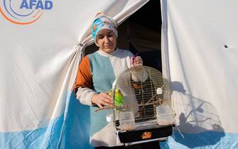 KAHRAMANMARAS, TURKIYE - FEBRUARY 24: Hacer Yuce, an earthquake survivor lives the tent city established in Vali Saim Cotur Stadium and around with her parakeet named "Ãimen" after 7.7 and 7.6 magnitude earthquakes hit multiple provinces of Turkiye including Kahramanmaras on February 24, 2023. Some survivors of earthquakes in Kahramanmaras live together in a tent city with their animals, such as fish, birds, partridges, cats and dogs, which they rescued while leaving their homes. Established by the Sakarya 7th Commando Brigade Command, the tent city hosts nearly 3,500 earthquake victims as well as dozens of pets. (Photo by Fatih Kurt/Anadolu Agency via Getty Images)