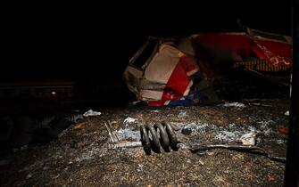 Rail accident involving a collision between a cargo and a passenger train in the Evangelismos area of Larissa, Greece on March 1, 2023. (Photo by STRINGER / SOOC / SOOC via AFP) (Photo by STRINGER/SOOC/AFP via Getty Images)