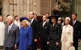 Britain's King Charles III (2L), Britain's Camilla, Queen Consort (4L), Britain's Prince William, Prince of Wales (5L) and Britain's Prince Edward, Duke of Edinburgh (C), Britain's Catherine, Princess of Wales (4R), Britain's Princess Anne, Princess Royal (3R), Britain's Sophie, Duchess of Edinburgh (2R) and Vice Admiral Timothy Laurence attend the Commonwealth Day service ceremony, at Westminster Abbey, in London, on March 13, 2023. (Photo by Jordan Pettitt / POOL / AFP) (Photo by JORDAN PETTITT/POOL/AFP via Getty Images)
