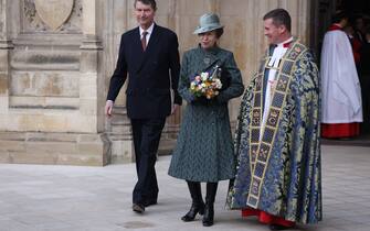 The Princess Royal and Vice Admiral Sir Tim Laurence depart after attending the annual Commonwealth Day Service at Westminster Abbey in London. Picture date: Monday March 13, 2023. (Photo by Belinda Jiao/PA Images via Getty Images)