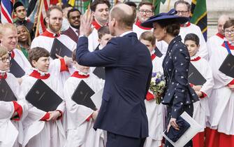 Prince and Princess of Wales speak to choristers as they depart after attending the annual Commonwealth Day Service at Westminster Abbey in London. Picture date: Monday March 13, 2023. (Photo by Belinda Jiao/PA Images via Getty Images)