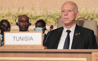 SIPA/01085541/000058 Tunisia's President Kais Saied attends the opening session of the eighth Tokyo International Conference on African Development (TICAD) in Tunis on August 27, 2022. Japan opened the Africa investment conference seeking to counter the influence of rival China which has steadily grown its economic imprint on the continent. It takes place amid a "complex" international environment caused by the coronavirus pandemic and the war in Ukraine. Some 30 heads of state and government are expected to attend the event at a time when the import-dependent North African nation is grappling with a deepening economic malaise..
Mohamed Hammi/Sipa Press
