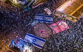 TEL AVIV, ISRAEL - MARCH 11: An aerial view of streets where Israelis take part in the "Day of Resistance" rally to protest the Israeli government plan to introduce judicial changes, seen by the opposition as an attempt to reduce the powers of the judicial authority in favor of the executive authority in Tel Aviv, Israel on March 11, 2023. (Photo by Amir Terkel/Anadolu Agency via Getty Images)