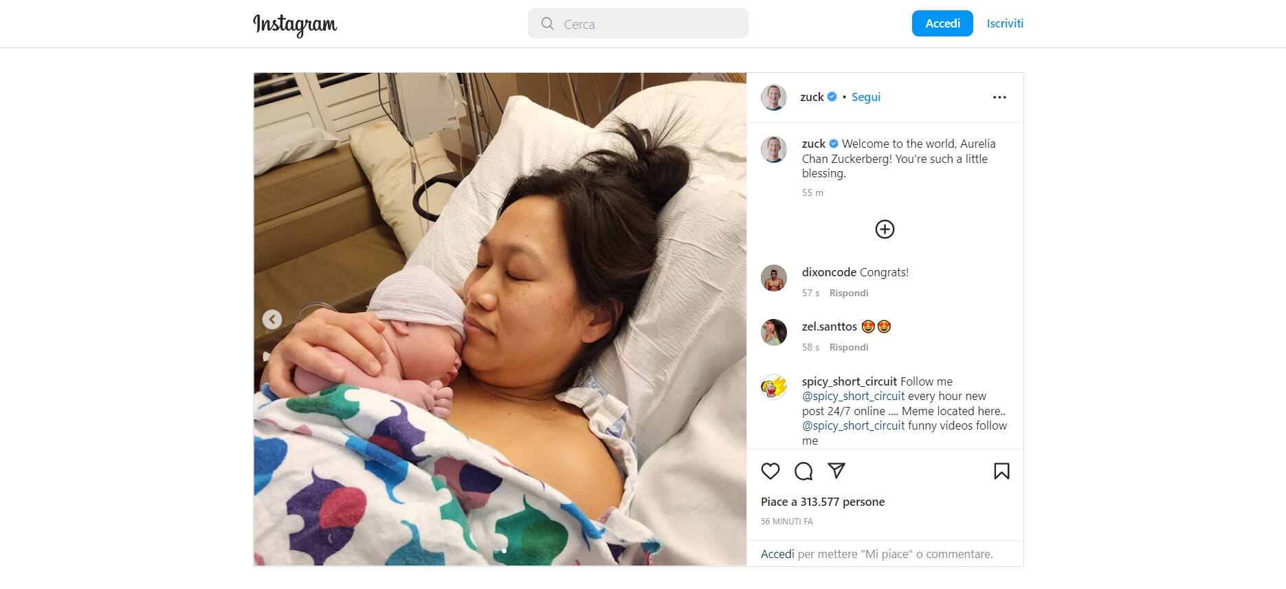 La foto postata da Mark Zuckerberg che annuncia la nascita della terza figlia