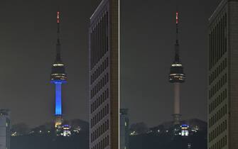 (COMBO) This combination of photographs shows Namsan Seoul Tower illuminated before (L) and after (R) the lights were turned off to mark the Earth Hour environmental campaign in Seoul on March 25, 2023. (Photo by Jung Yeon-je / AFP) (Photo by JUNG YEON-JE/AFP via Getty Images)