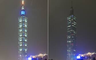 (COMBO) This combination of photographs shows Taipei 101, a 508-meter high commercial building, with the lights on and turned off during the Earth Hour environmental campaign in Taipei on March 25, 2023. (Photo by Sam Yeh / AFP) (Photo by SAM YEH/AFP via Getty Images)