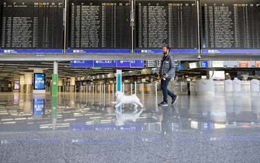 27 March 2023, Hesse, Frankfurt/Main: As his flight to Paris was canceled, a man walks his dog through the otherwise deserted terminal of Frankfurt Airport. With a large-scale nationwide warning strike, the EVG and Verdi unions paralyzed large parts of public transport on Monday. Photo: Boris Roessler/dpa (Photo by Boris Roessler/picture alliance via Getty Images)