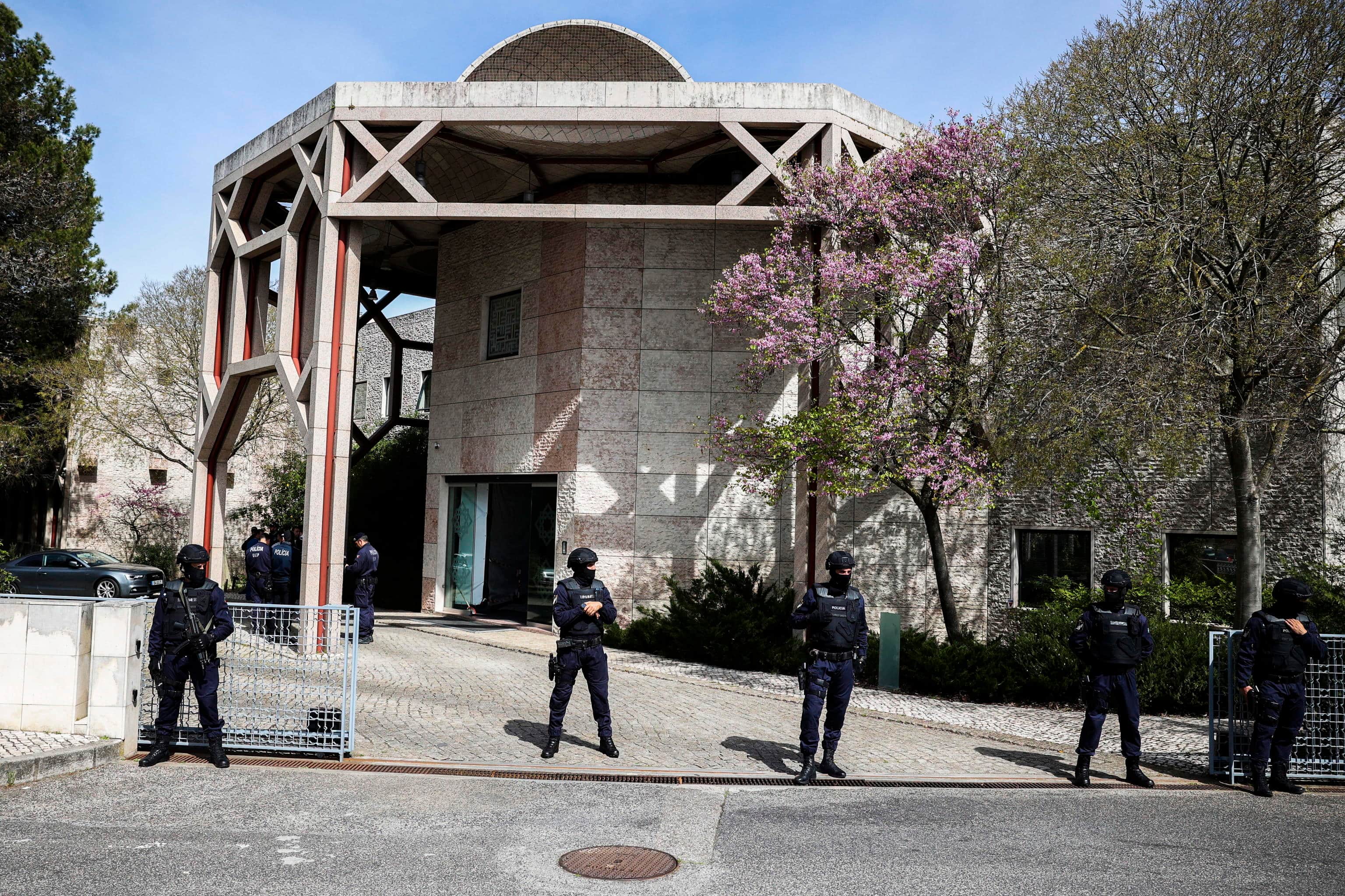 Police officers guard at the Ismaili Center in Lisbon, Portugal, 28 March 2023. Two people were killed at the center earlier the day in an assault with a melee weapon, police said. ANSA/ANTONIO COTRIM