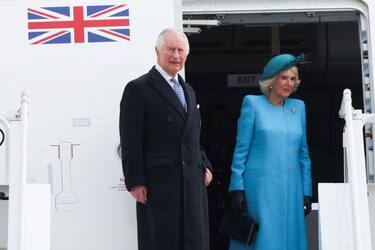SCHOENEFELD, GERMANY - MARCH 29: King Charles III and Camilla - Queen Consort arrive at BER Berlin Brandenburg Airport to start their first state visit to Germany on March 29, 2023 in Schoenefeld, Germany. The King and The Queen Consort's first state visit to Germany is taking place in Berlin, Brandenburg and Hamburg from Wednesday, March 29th, to Friday, March 31st, 2023. The King and Queen Consort's state visit to France, which was scheduled for March 26th - 29th, has been postponed due to ongoing mass strikes and protests. (Photo by Maja Hitij/Getty Images)