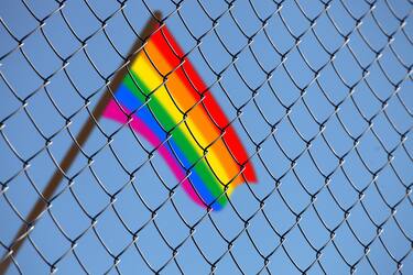 flag of LGBT behind metal fence