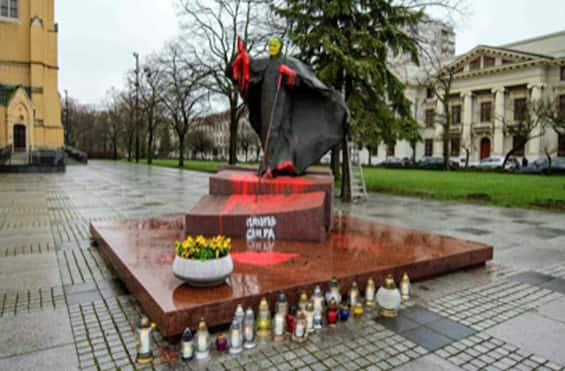 Poland, the monument of Pope Wojtyła in Lodz is smeared with paint