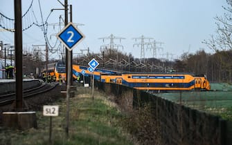 Voorschoten - Emergency services at work at a derailed night train.  The passenger train collided with construction equipment on the track.  One person died and several people were seriously injured.  A freight train was also involved in the accident.  ANP JOSH WALET netherlands out - belgium out(Photo by Josh Walet/ANP/Sipa USA)