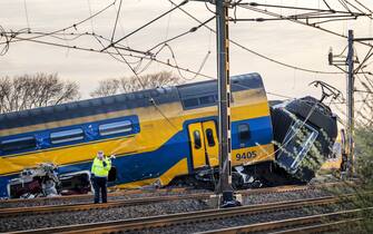 Voorschoten - Emergency services at work at a derailed night train.  The passenger train collided with construction equipment on the track.  One person died and several people were seriously injured.  A freight train was also involved in the accident.  ANP REMKO DE WAAL netherlands out - belgium out(Photo by Remko de Waal/ANP/Sipa USA)