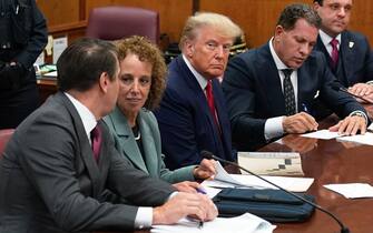 Former President Donald Trump sits at the defense table with his defense team in a Manhattan court, Tuesday, April 4, 2023, in New York.  Trump is set to appear in a New York City courtroom on charges related to falsifying business records in a hush money investigation, the first president ever to be charged with a crime.  (AP Photo/Seth Wenig)