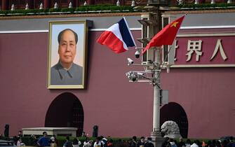 The national flags of France and China flutter near Tiananmen Gate as French President Emmanuel Macron visits in Beijing on April 5, 2023. (Photo by Jade GAO / AFP) (Photo by JADE GAO/AFP via Getty Images)