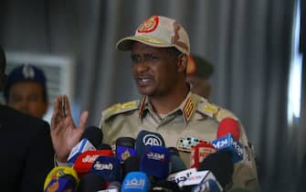 KHARTOUM, SUDAN - AUGUST 10: Mohamed Hamdan Dagalo, Sudanese Deputy Chairman of the Transitional Sovereignty Council, talks during the press conference in Khartoum, Sudan on August 10, 2022. (Photo by Mahmoud Hjaj/Anadolu Agency via Getty Images)