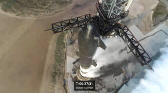 epa10581819 A frame grab from a handout livestream video released by SpaceX showing preparations for the launch of inaugural test flight of Starship on the second attempt at the SpaceX launch facility in Boca Chica, Texas, USA, 20 April 2023. The initial launch attempt was scrubbed on 17 April, due to a stuck valve.  EPA/SPACEX HANDOUT  HANDOUT EDITORIAL USE ONLY/NO SALES