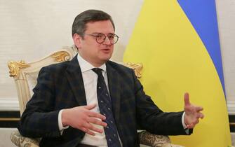 Ukranian Foreign Minister Dmytro Kuleba meets with his Iraqi counterpart in Baghdad on April 17, 2023. (Photo by AHMAD AL-RUBAYE / AFP) (Photo by AHMAD AL-RUBAYE/AFP via Getty Images)