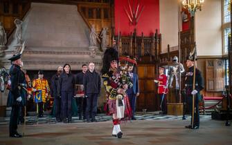 epa10596639 A handout photo made available by the British Ministry of Defense (MOD) of the Stone of Destiny starting its journey to Westminster for the Coronation, in Edinburgh Castle, Edinburgh, Scotland, Britain, 28 April 2023. The Stone left the Great Hall in Edinburgh Castle with the First Minister, Humza Yousaf, present.  The Coronation of King Charles III will take place on the 06 May 2023. EPA/MARK OWENS/BRITISH MINISTRY OF DEFENSE HANDOUT -- MANDATORY CREDIT: MOD/CROWN COPYRIGHT -- HANDOUT EDITORIAL USE ONLY/NO SALES