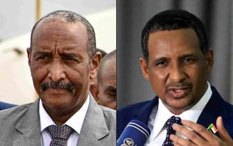 (COMBO) This combination of pictures created on April 18, 2023 shows Sudan's army chief, Lieutenant-General Abdel Fattah al-Burhan (L), in Juba on October, 14, 2019 and Mohamed Hamdan Daglo (R), who commands the paramilitary Rapid Support Forces (RSF), addressing the media upon his return from Russia at Khartoum airport on March 2, 2022. - Explosions rocked the Sudanese capital Khartoum on April 18, 2023 as fighting that has claimed nearly 200 lives entered a fourth day, despite growing (Photo by Akuot Chol and Ashraf SHAZLY / AFP) (Photo by AKUOT CHOL,ASHRAF SHAZLY/AFP via Getty Images)