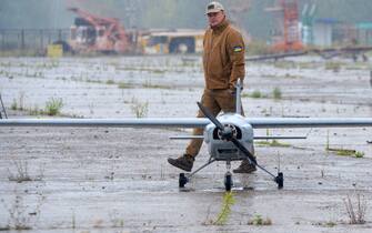 UKRAINE - AUGUST 2, 2022 - An UkrJet drone is pictured during the presentation of unmanned aerial vehicles for the Armed Forces, Ukraine.  This photo cannot be distributed in the Russian Federation.