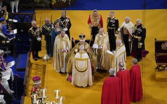 King Charles III receives The St Edward's Crown during his coronation ceremony in Westminster Abbey, London. Picture date: Saturday May 6, 2023.