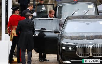 Prince Harry leaving Westminster following the coronation ceremony of King Charles III and Queen Camilla in central London, UK on May 6, 2023. Photo by Raphael Lafargue/ABACAPRESS.COM