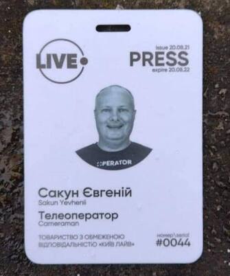 Olga Tokariuk, freelance correspondent in Kiev posts colleague Sakun's professional card - The first person I know died in this war.  My former colleague, TV cameraman Yevhenii Sakun, was killed yesterday as a result of Russian missile strike on Kyiv's Babyn Yar, along with 4 other people.  It was a pleasure working with him.  I'm devastated by this news.  Eternal memory TWITTER OLGA TOKARIUK +++ATTENTION THE PHOTO CANNOT BE PUBLISHED OR REPRODUCED WITHOUT THE AUTHORIZATION OF THE SOURCE OF ORIGIN TO WHICH IT IS REFERRED+++ +++NO SALES;  NO ARCHIVE;  EDITORIAL USE ONLY+++