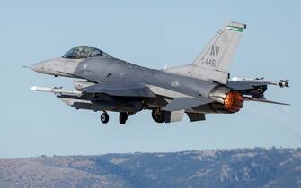 United States Air Force (USAF) F16 Fighting Falcon during exercise Falcon Strike 2022, in Amendola, Italy, 21 November 2022. F35s From Italy, U.S. and The Netherlands Train Together during ÔFalcon Strike 2022 an Italian Air Force training exercise which focuses on fifth and fourth-generation integration between NATO Allies operating the advanced F35A Lightning II stealth fighter. During Falcon Strike, Hecker will also host the F35 European Air Chiefs Meeting, which brings together fifth-generation Allies to discuss F35 interoperability, opportunities, and challenges in a dynamic theater. ANSA/GIUSEPPE LAMI