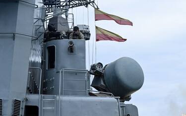 Russia's Marshal Shaposhnikov anti-submarine destroyer fires during the 'Vostok-2022' military exercises at the Peter the Great Gulf of the Sea of Japan outside the city of Vladivostok on September 5, 2022. - The Vostok 2022 military exercises, involving several Kremlin-friendly countries including China, takes place from September 1-7 across several training grounds in Russia's Far East and in the waters off it. Over 50,000 soldiers and more than 5,000 units of military equipment, including 140 aircraft and 60 ships, are involved in the drills. (Photo by Kirill KUDRYAVTSEV / AFP) (Photo by KIRILL KUDRYAVTSEV/AFP via Getty Images)