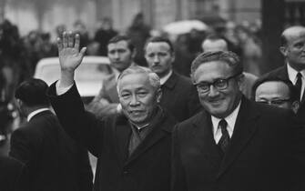 North Vietnamese leader Le Duc Tho (1911 - 1990, left) and US National Security Advisor Henry Kissinger at the Paris Peace Accords in Paris, France during the Vietnam War, January 1973. They were jointly awarded the 1973 Nobel Peace Prize later that year. (Photo by Reg Lancaster/Express/Hulton Archive/Getty Images)