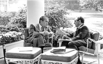 In this photo released by the White House, United States President Richard M. Nixon, left, meets with his National Security Advisor, Doctor Henry A. Kissinger, right, on the Colonnade outside the Oval Office in the White House in Washington, D.C. on September 16, 1972.
Credit: White House via CNP