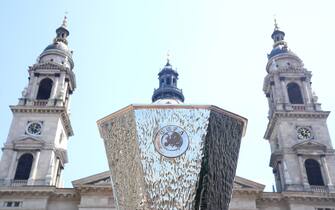 General view of a replica Europa League trophy by St. Stephen's Basilica ahead of the UEFA Europa League Final at the Puskas Arena, Budapest. Picture date: Wednesday May 31, 2023.