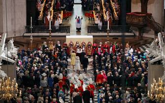 TOPSHOT - Britain's Catherine, Duchess of Cambridge, (up L), Britain's Prince William, Duke of Cambridge, (up R), Britain's Camilla, Duchess of Cornwall (down L) and Britain's Prince Charles, Prince of Wales (dronw R) arrive to attend the National Service of Thanksgiving for The Queen's reign at Saint Paul's Cathedral in London on June 3, 2022 as part of Queen Elizabeth II's platinum jubilee celebrations. - Queen Elizabeth II kicked off the first of four days of celebrations marking her record-breaking 70 years on the throne, to cheering crowds of tens of thousands of people. But the 96-year-old sovereign's appearance at the Platinum Jubilee -- a milestone never previously reached by a British monarch -- took its toll, forcing her to pull out of a planned church service. (Photo by Dan Kitwood / POOL / AFP) (Photo by DAN KITWOOD/POOL/AFP via Getty Images)