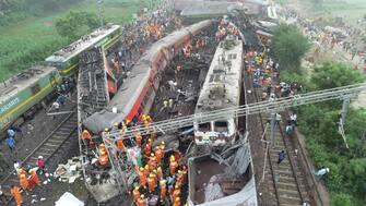 epa10669894 A handout photo made available by India's National Disaster Response Force (NDRF) and taken with a drone shows the site of a train accident at Odisha Balasore, India, 03 June 2023. Over 200 people died and more than 900 were injured after three trains collided one after another. According to railway officials the Coromandel Express, which operates between Kolkata and Chennai, crashed into the Howrah Superfast Express.  EPA/National Disaster Response Force / HANDOUT  BEST QUALITY AVAILABLE -- HANDOUT EDITORIAL USE ONLY/NO SALES HANDOUT EDITORIAL USE ONLY/NO SALES