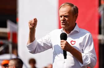 Donald Tusk, leader of the Polish Civic Platform (Platforma Obywatelska (PO) party speaks during a rally during an anti-government demonstration organized by the opposition in Warsaw on June 4, 2023. Coming from all over Poland, the demonstrators took up the call of the leader of the main centrist opposition party (Civic Platform, PO), former head of the European Council Donald Tusk, to protest against "high living costs, swindling and lies, in favor of democracy, free elections and the EU". (Photo by Wojtek Radwanski / AFP) (Photo by WOJTEK RADWANSKI/AFP via Getty Images)